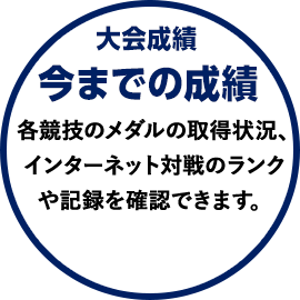 大会成績 今までの成績 各競技のメダルの取得状況、インターネット対戦のランクや記録を確認できます。